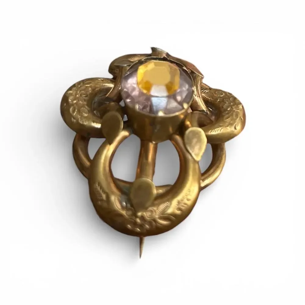Victorian Gold Filled Lover's Knot Brooch, Faceted Paste Glass Center